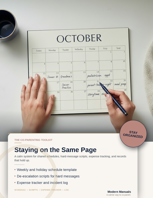 Staying on the Same Page: The Co-Parenting Toolkit, Custody Schedule, Communication Scripts and Expense Tracker (PDF)