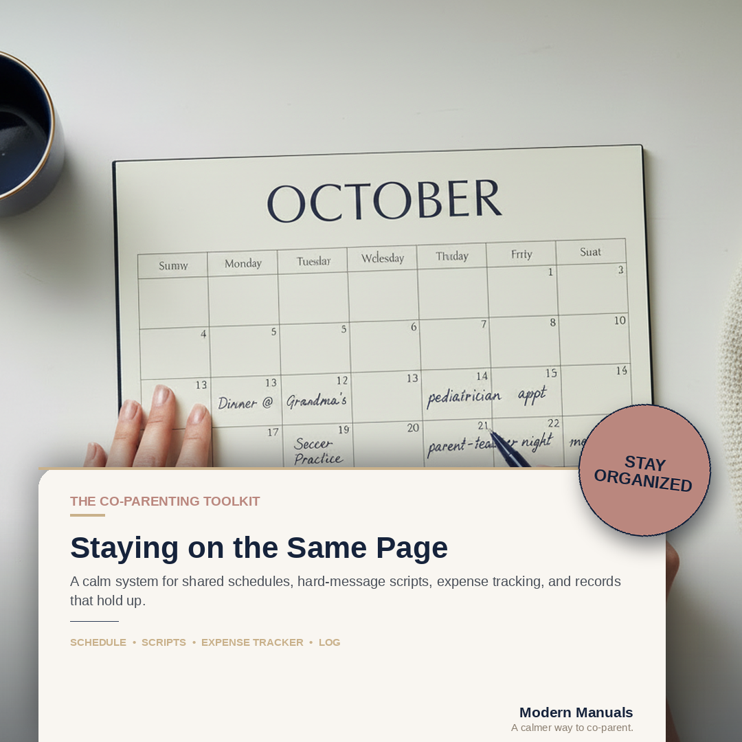 Staying on the Same Page: The Co-Parenting Toolkit, Custody Schedule, Communication Scripts and Expense Tracker (PDF)