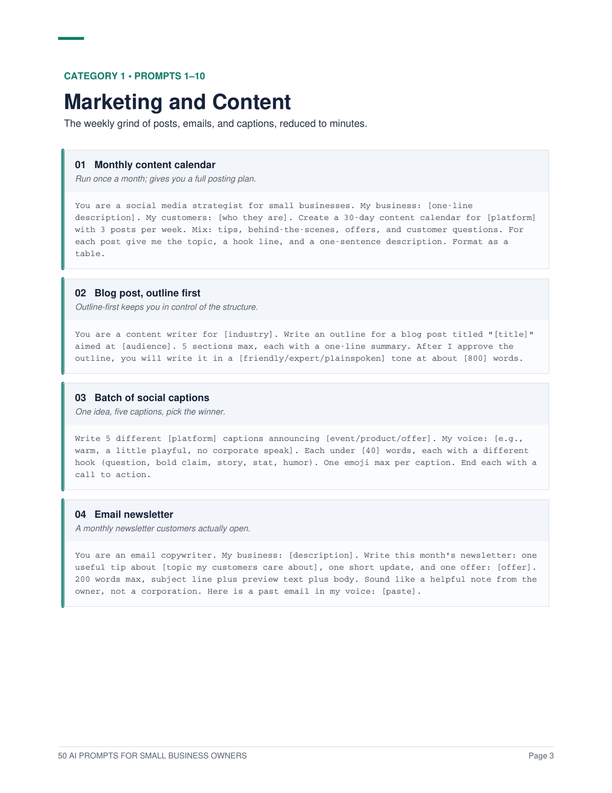 50 Ready-to-Use AI Prompts for Small Business Owners (PDF)